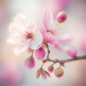 Spring cherry blossom stands out against pastel pink and white background. Shallow depth of field creates dreamy, blurry effect. Vibrant flowers against muted tones make for beautiful, romantic image.