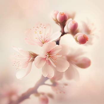 Spring cherry blossom stands out against pastel pink and white background. Shallow depth of field creates dreamy, blurry effect. Vibrant flowers against muted tones make for beautiful, romantic image.