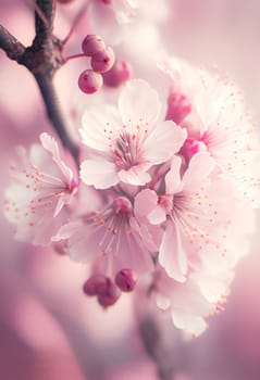 Spring cherry blossom stands out against pastel pink and white background. Shallow depth of field creates dreamy, blurry effect. Vibrant flowers against muted tones make for beautiful, romantic image.