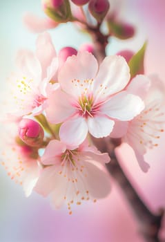 Spring cherry blossom stands out against pastel pink and white background. Shallow depth of field creates dreamy, blurry effect. Vibrant flowers against muted tones make for beautiful, romantic image.