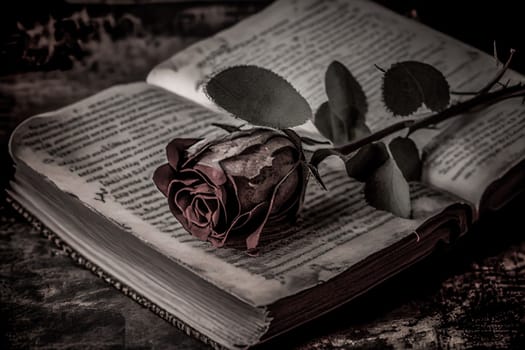 A dried red rose placed upon an old book conjures memories of a past romance. 3D illustration
