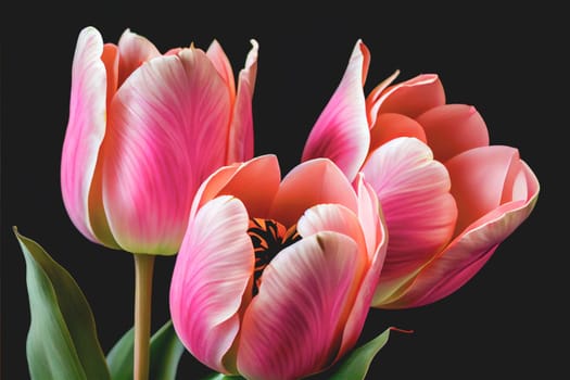 Bouquet of fresh pink tulip flowers, isolated on black background with copy space. Perfect for adding vibrant blooms to any project.