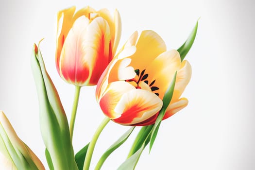 Bouquet of fresh tulip flowers in different colors, isolated on white background with copy space. Perfect for adding vibrant blooms to any project.