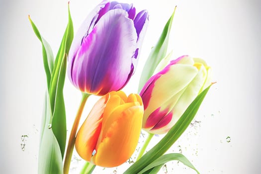 Bouquet of fresh tulip flowers in different colors, isolated on white background with copy space. Perfect for adding vibrant blooms to any project.