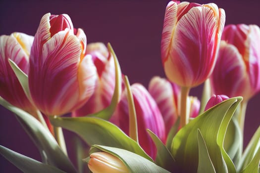 Bouquet of fresh tulip flowers in different colors, isolated on pink background with copy space. Perfect for adding vibrant blooms to any project.
