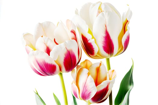 Bouquet of fresh tulip flowers in different colors, isolated on white background with copy space. Perfect for adding vibrant blooms to any project.