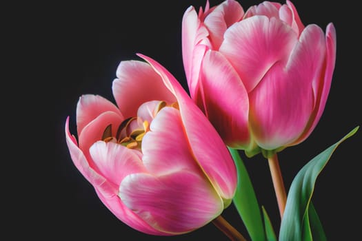 Bouquet of fresh pink tulip flowers, isolated on black background with copy space. Perfect for adding vibrant blooms to any project.