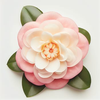 Camellia flower in a top view, isolated on a white background, suitable for use on Valentine's Day cards, love letters, or springtime designs.