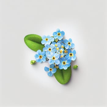 Forget-me-not flower in a top view, isolated on a white background, suitable for use on Valentine's Day cards, love letters, or springtime designs.