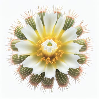 Saguaro cactus blossom flower top view, isolated on white background, suitable for use on Valentine's Day cards, love letters, or springtime designs.