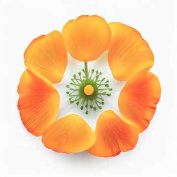 Top view a California poppy flower isolated on a white background, suitable for use on Valentine's Day cards, love letters, or springtime designs.