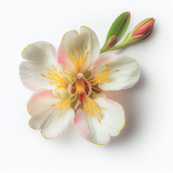 Top view a Peach blossom flower isolated on a white background, suitable for use on Valentine's Day cards, love letters, or springtime designs.