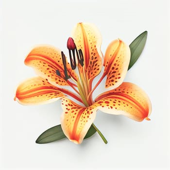 Top view a Tiger Lily flower isolated on a white background, suitable for use on Valentine's Day cards, love letters, or springtime designs.