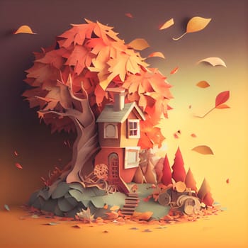 Autumn square banner with multi layered shapes and leaves in paper cut style. The effect of 3D render in papercraft art.