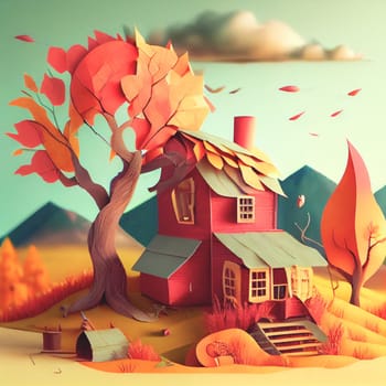 Autumn square banner with multi layered shapes and leaves in paper cut style. The effect of 3D render in papercraft art.
