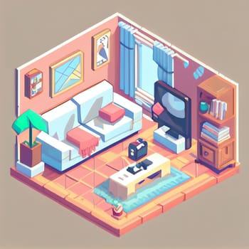 3d illustration isometric interior cute design. Living room includes sofa, coffee table, windows, curtain, clock, frame and other furniture. A lot of voluminous objects and details.