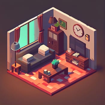 3d illustration isometric interior cute design. Living room includes sofa, coffee table, windows, curtain, clock, frame and other furniture. A lot of voluminous objects and details.