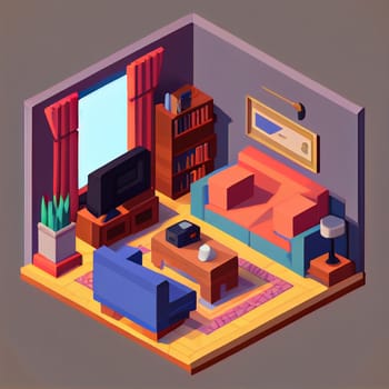 3d illustration isometric interior cute design. Living room includes sofa, coffee table, windows, curtain, clock, frame and other furniture. A lot of voluminous objects and details.