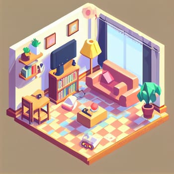 3d illustration isometric interior cute design. Living room includes sofa, coffee table, windows, curtain, clock, frame and other furniture. A lot of voluminous objects and details.