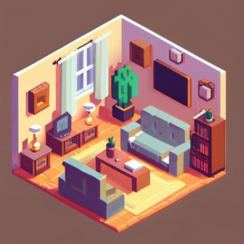 3d illustration isometric interior cute design. Living room includes sofa, coffee table, windows, curtain, clock, frame and other furniture. A lot of voluminous objects and details.