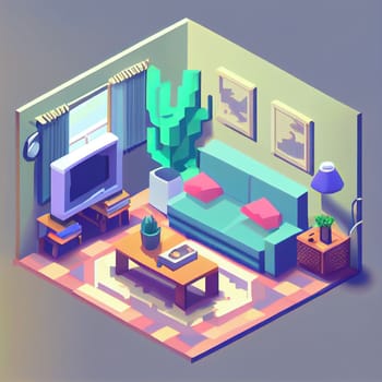 3d illustration isometric interior cute design. Living room includes sofa, coffee table, windows, curtain, clock, frame and other furniture. A lot of voluminous objects and details.