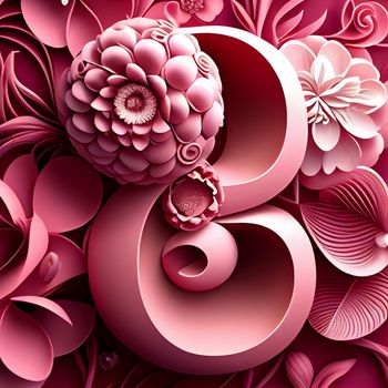 International Women's Day. Banner, flyer, beautiful postcard for March 8. Flowers and butterflies in the shape of the number 8 . Ai Generative.