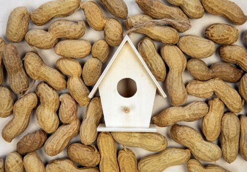 Beautiful birdhouse on beige background with unpeeled peanuts, top view. Space for text, spring bird food concept copy space