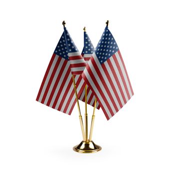 Small national flags of the USA on a white background.