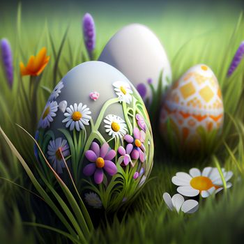 Painted Easter eggs on the grass. Generative AI.