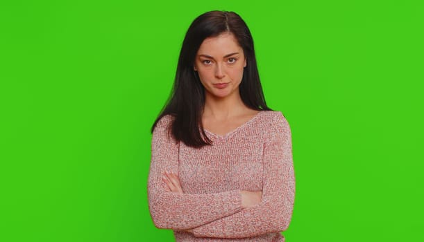 Dissatisfied pretty nervous woman asking reason of failure, expressing disbelief irritation, feeling bored, disappointed in result, bad news. Young adult girl isolated alone on chroma key background