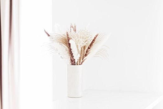 Neutral dry plants in vase and wall with copyspace, home decor and interior design.