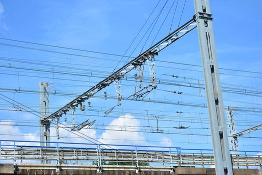 Electric wires on the railway for high-speed trains TGV