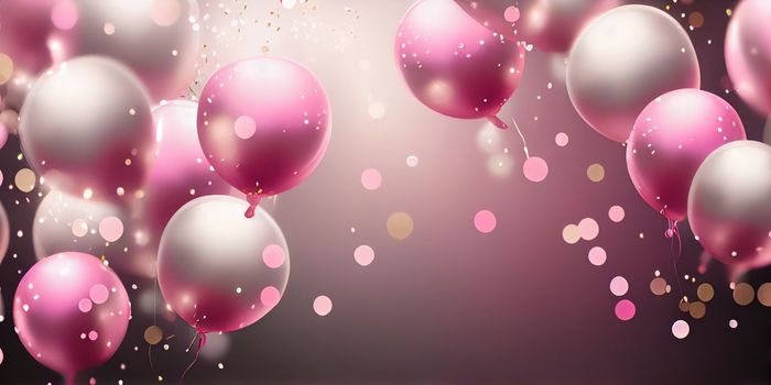 Pink birthday balloons over abstract background. AI Generative.