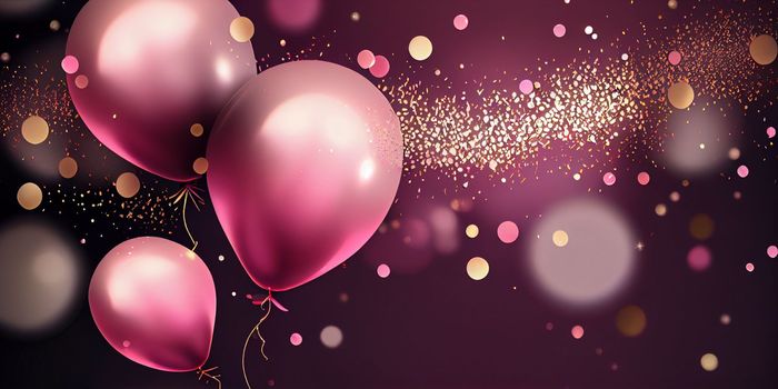 Pink birthday balloons over abstract background. AI Generative.