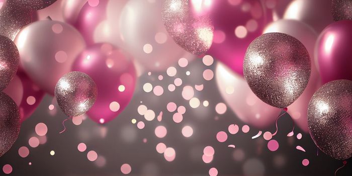 Pink birthday balloons over abstract background. AI Generative.