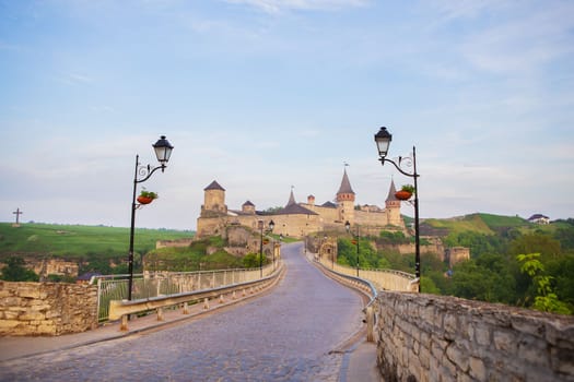 Kamianets-Podilskyi is a romantic city. A picturesque summer view of the ancient castle-fortress in Kamianets-Podilskyi, Khmelnytskyi region, Ukraine