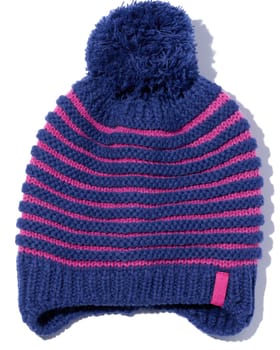 Knitted blue hat with pon pon on a white isolated background