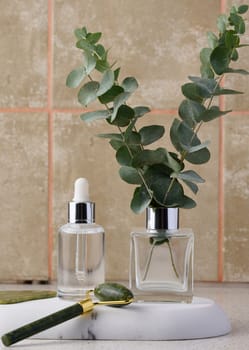 A transparent glass bottle with a pipette and a stone massager for the face, next to a branch of eucalyptus. Cosmetics