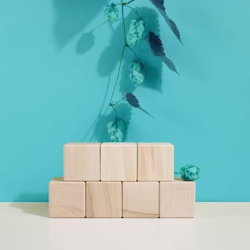 Podium from wooden cubes and a branch with leaves. Stage for the demonstration of cosmetic products, goods