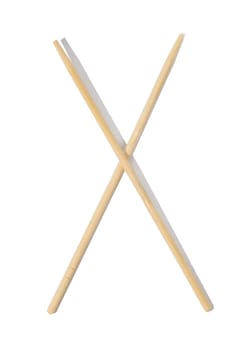 Two wooden chopsticks on a white isolated background, top view