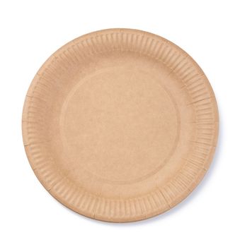 Empty brown disposable cardboard plate for food on a white isolated background, top view