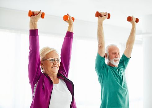 Senior couple exercise stretching and exercising with dumbbell lifting weigth at home health care