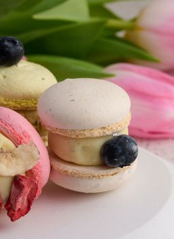 Baked macarons with different flavors on the table, dessert