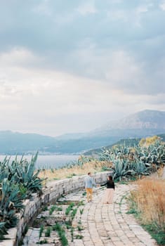 Bride and groom walk holding hands along the stone road past the agave bushes. High quality photo