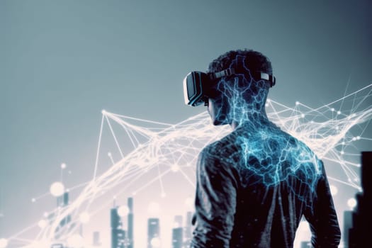 Young man wearing virtual reality goggles standing in virtual world background . Concept of virtual reality technology , gaming simulation and metaverse. Peculiar AI generative image.