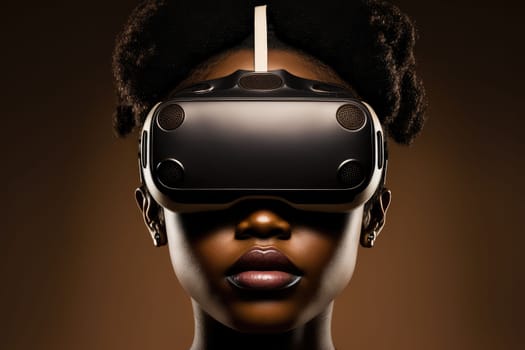 African woman wearing virtual reality goggles standing studio clean background . Concept of virtual reality technology , gaming simulation and metaverse. Peculiar AI generative image.