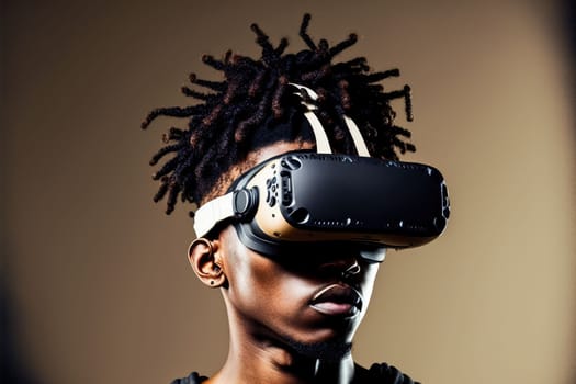 African man wearing virtual reality goggles standing studio clean background . Concept of virtual reality technology , gaming simulation and metaverse. Peculiar AI generative image.