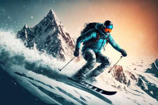 Sport man skiing on snow mountain in winter . Active and extreme sport. Peculiar AI generative image.