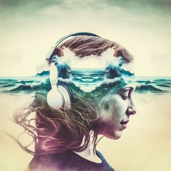 Creative double exposure sedate woman portrait wearing headphone listening to music or sound of blue sea wave splashing for refreshment as concept of oceanic tranquility. Generative AI