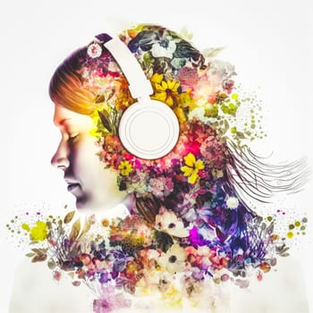 Sedate double exposure portrait of beautiful woman in headphone listen to music immerse with spring blossom colorful flower as concept of music-loving lifestyle in serenity with nature. Generative AI